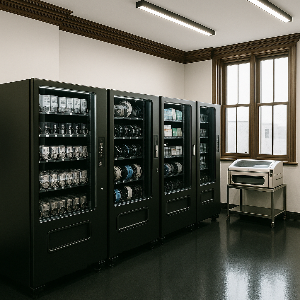 Wall of materials: filament spools, component bins, and organized shop supplies